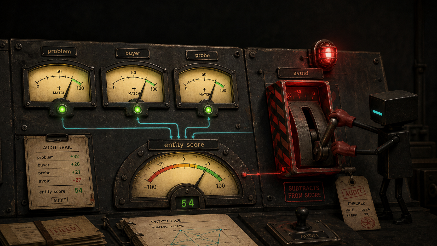 An index clerk scoring console combines positive vector surfaces and subtracts avoid matches