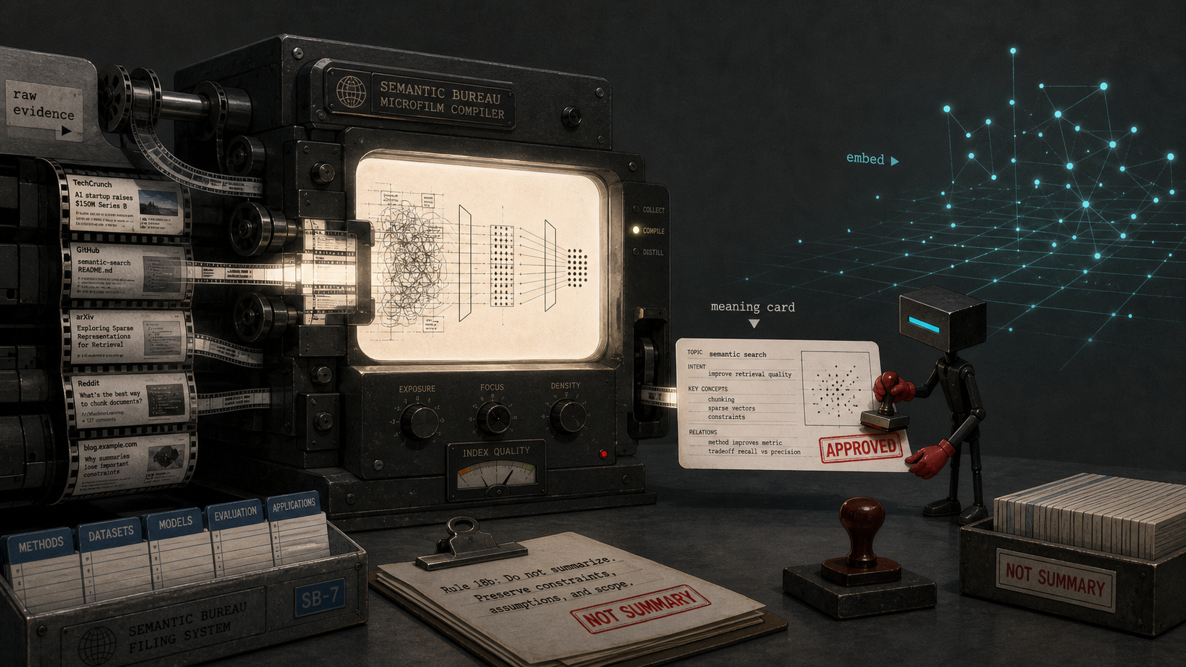 An Index Clerk illustration of raw scraped evidence being compiled into a semantic card before embedding.
